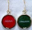 red and green name tag ornaments