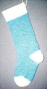 Baby Blue knitted Christmas stocking with White cuff, heel and toe