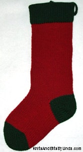 Burgundy knitted Christmas stocking with Hunter Green cuff, heel and toe