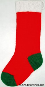 Hot Red acrylic knitted Christmas stocking with White cuff, Green heel and toe