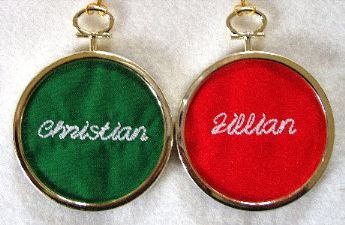 red and green name tag ornaments