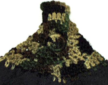 Solid black hanging hand towel with Camo print yarn top