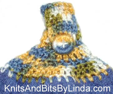 Island Blue yarn top on a medium blue hand towel