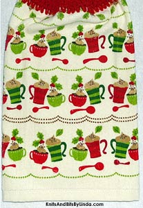 hot cocoa mugs and cups on Christmas kitchen hand towel