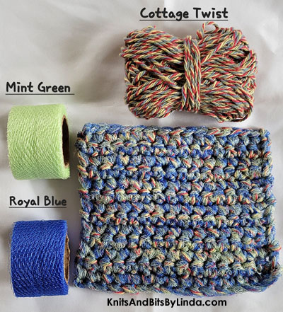 Cottage Twist yarn with mint green and royal blue nylon netting