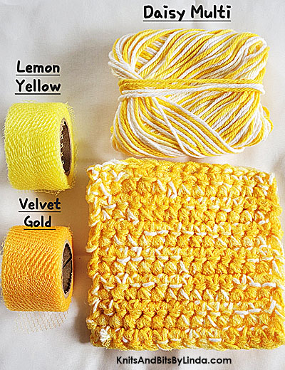 daisy multi color cotton yarn with lemon and velvet gold nylon netting scrubbie dish cloth