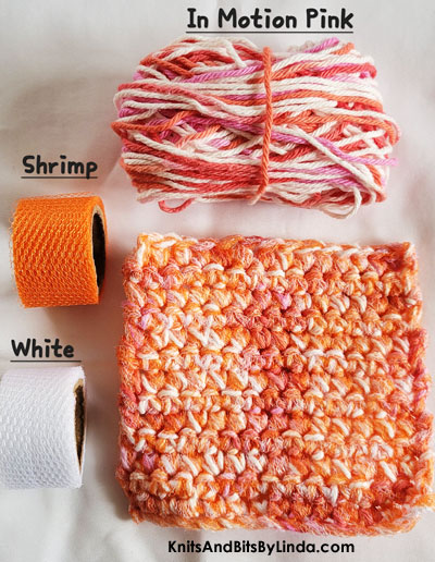 in motion pink cotton scrubbie dish cloth  with shrimp and white nylon netting