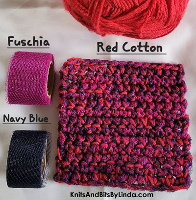 solid red crochet cotton yarn combined with fuschia and black nylon netting